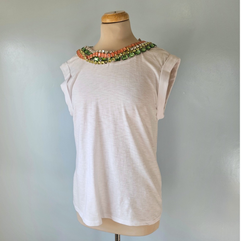 Cinq a Sept Bella White Jewel Encrusted Rhinestone Collar Tank Top Womens Medium